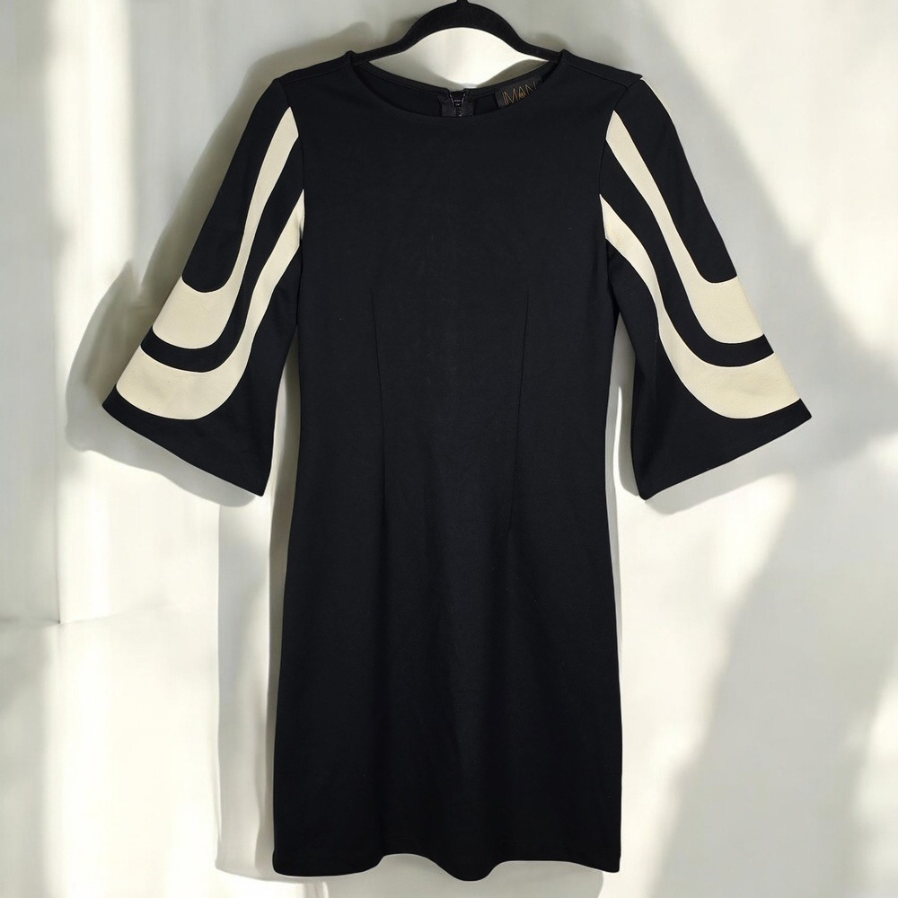 IMAN Dress Women XS Knit Black White Stripe Bell 3/4 Sleeve Sheath Back Zipper‎
